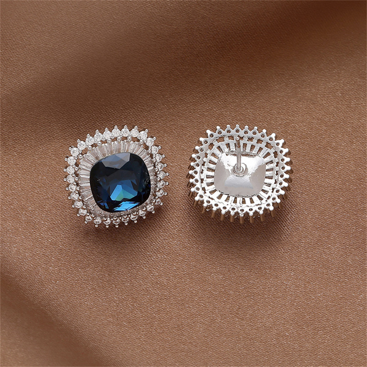 Blue Crystal and Cubic Zirconia Square Hola Stud Earrings, stud earrings for women, everyday style, detail close-up