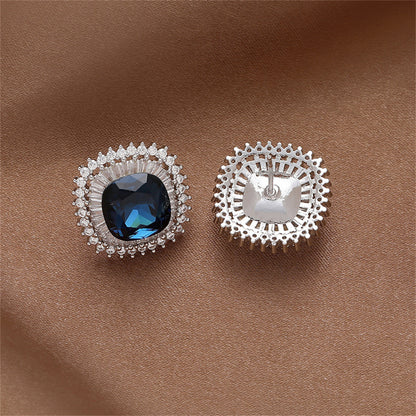 Blue Crystal and Cubic Zirconia Square Hola Stud Earrings, stud earrings for women, everyday style, detail close-up