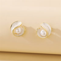 Pearl & White Enamel 18k Gold-Plated Irregular Swirl Stud Earrings