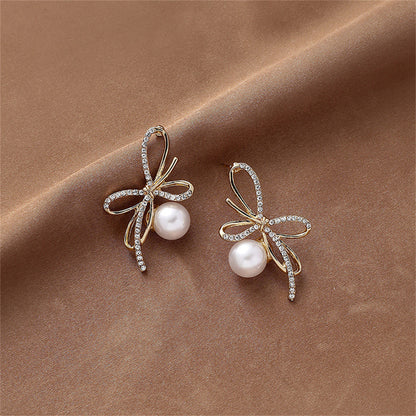 Cubic Zirconia and Pearl 18K Gold-Plated Bow Stud Earrings, gold drop earrings for women, everyday style, front view