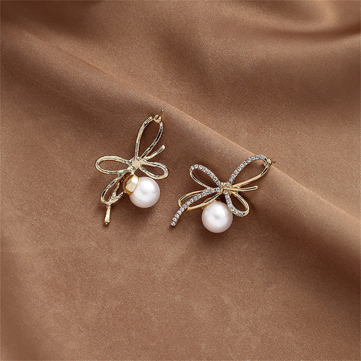 Cubic Zirconia and Pearl 18K Gold-Plated Bow Stud Earrings, gold drop earrings for women, everyday style, side view