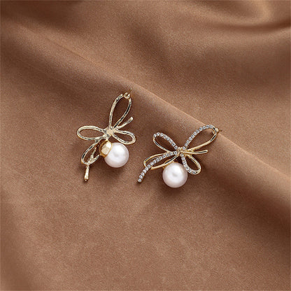 Cubic Zirconia and Pearl 18K Gold-Plated Bow Stud Earrings, gold drop earrings for women, everyday style, side view
