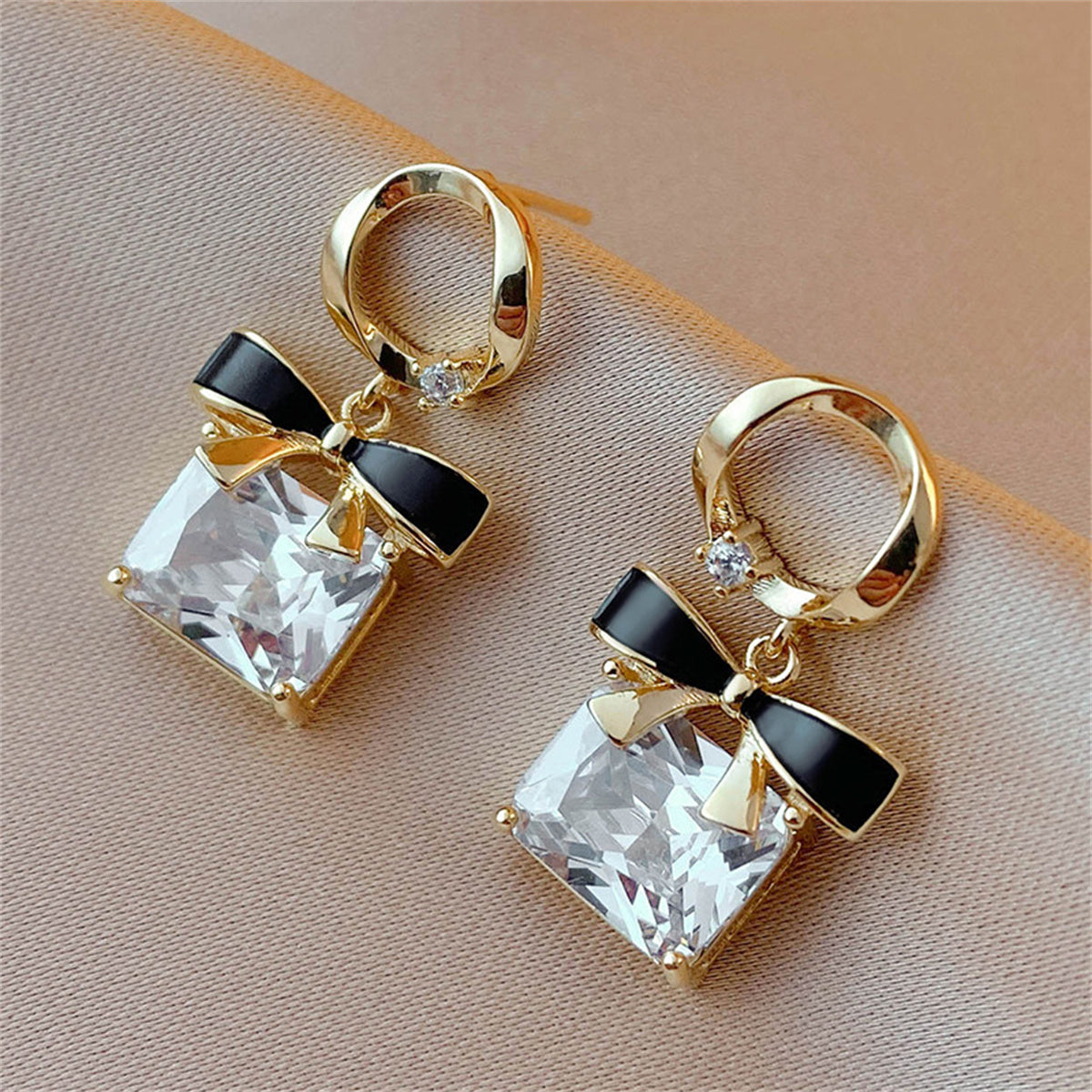 Cubic Zirconia and Crystal 18K Gold-Plated Bow Square Drop Earrings, gold drop earrings for women, side view