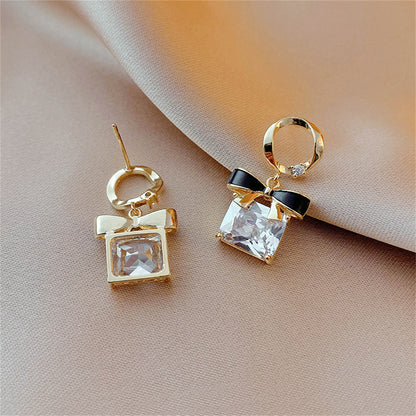 Cubic Zirconia and Crystal 18K Gold-Plated Bow Square Drop Earrings, gold drop earrings for women, detail close-up
