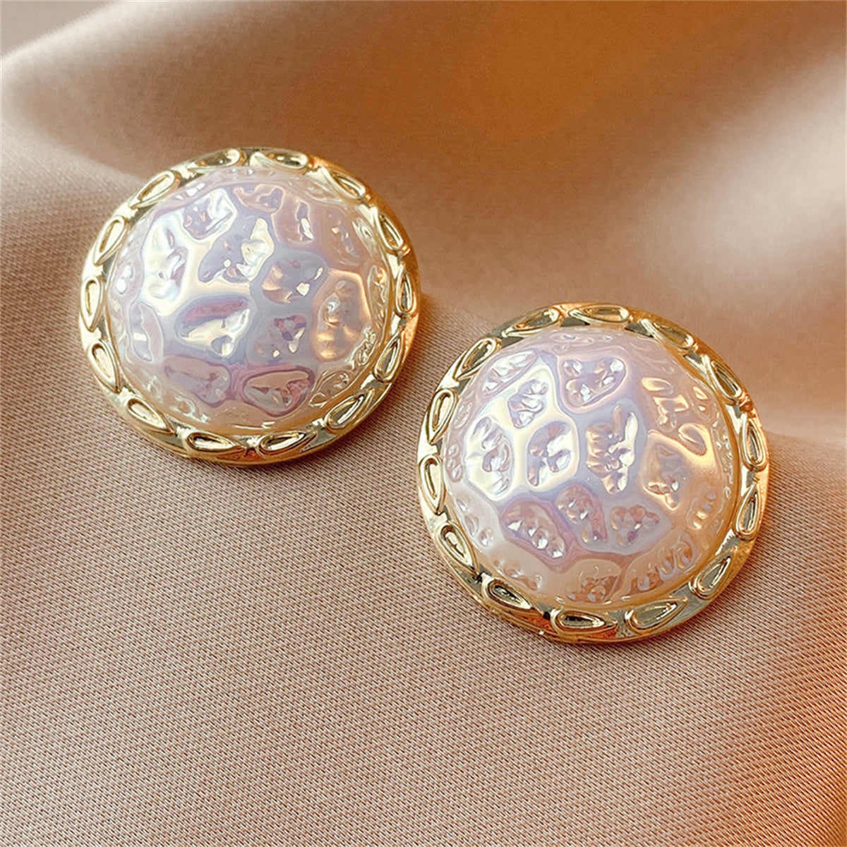 Iridescent Pearl and 18K Gold-Plated Hammered Round Stud Earrings, gold stud earrings for women, everyday style, side view