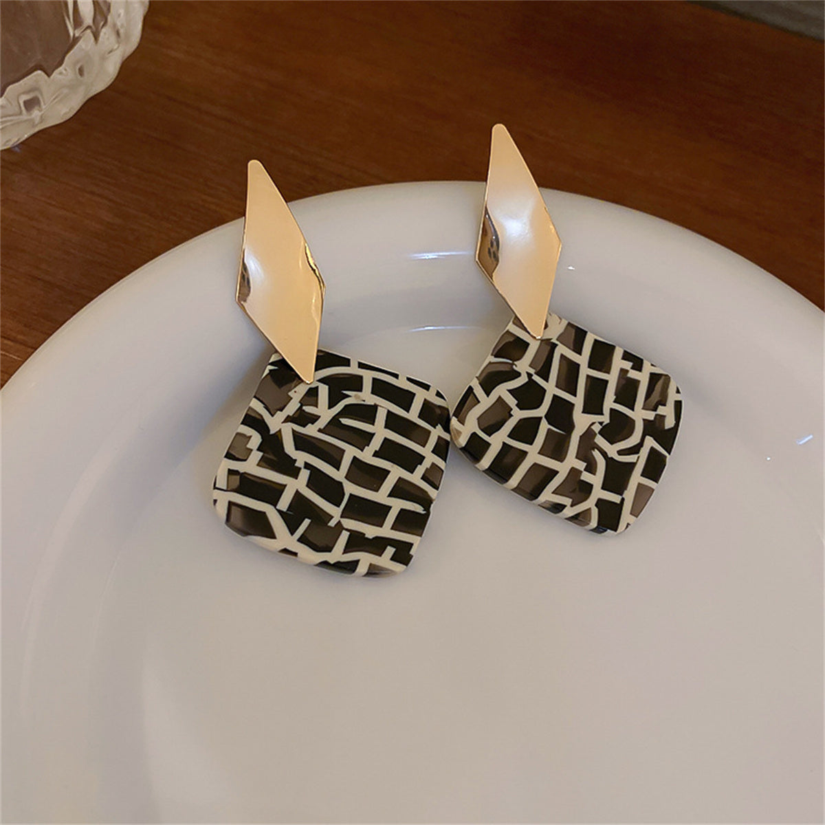 Black Acrylic and 18K Gold-Plated Geometric Rhombus Drop Earrings, gold drop earrings for women, front view