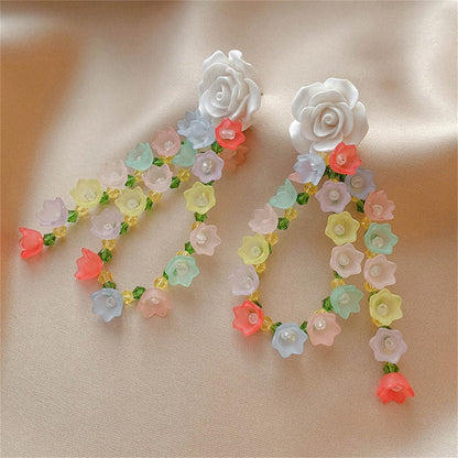 White and Yellow Beaded Floral Tassel Drop Earrings, drop earrings for women, dainty minimalist design, front view