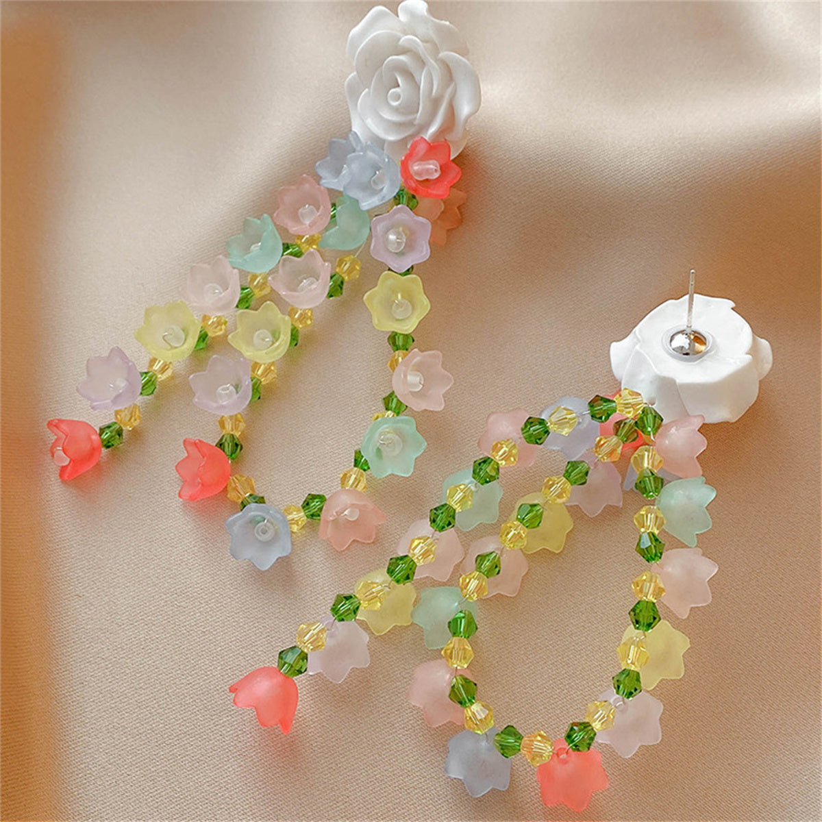 White and Yellow Beaded Floral Tassel Drop Earrings, drop earrings for women, dainty minimalist design, side view