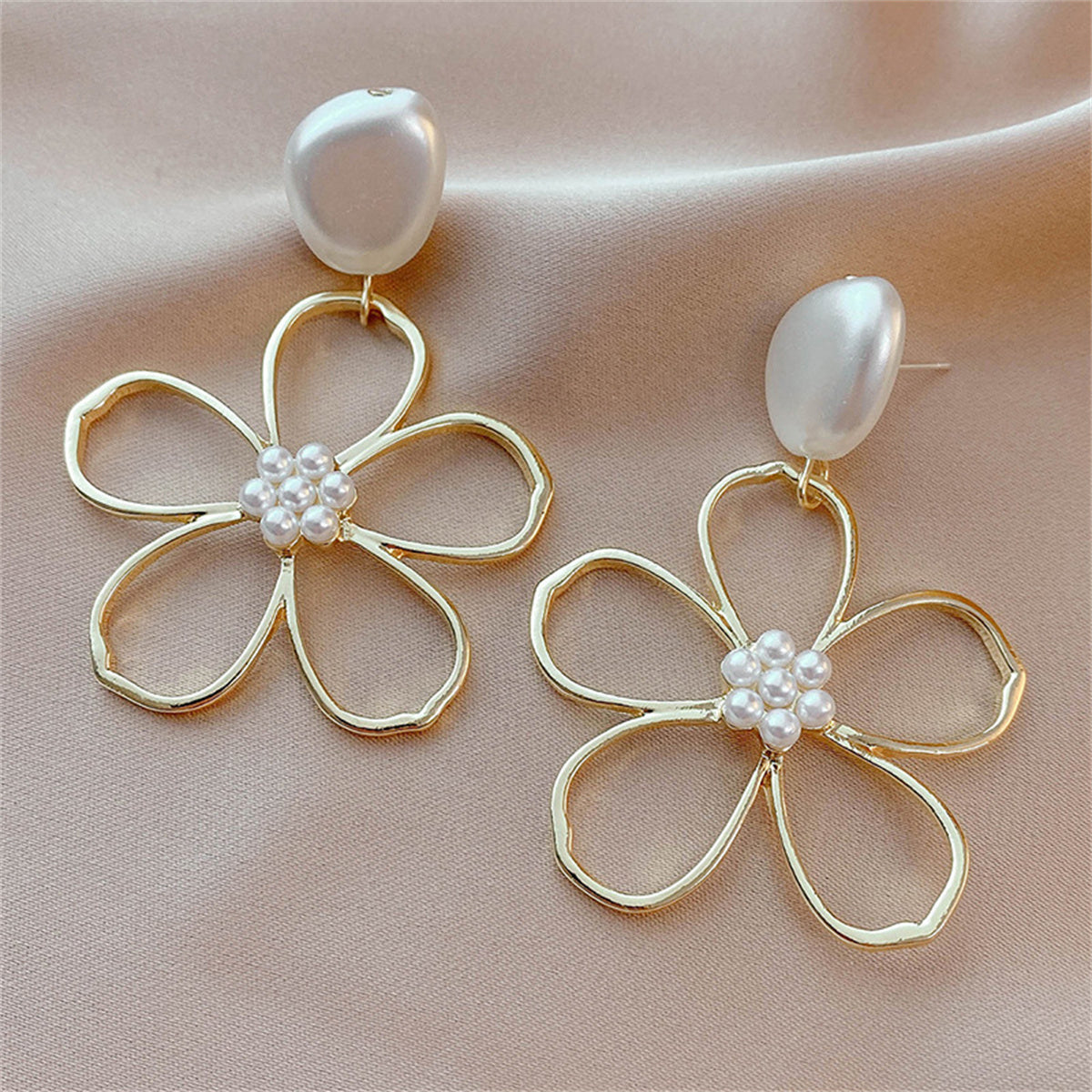 Pearl & 18K Gold-Plated Openwork Flower Drop Earrings
