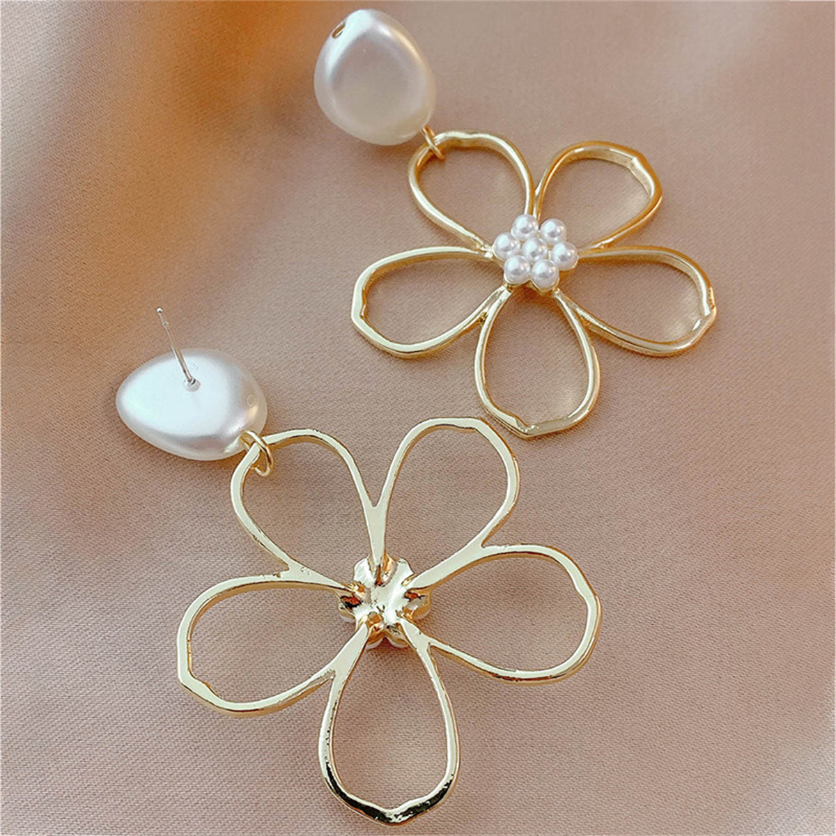 Pearl & 18K Gold-Plated Openwork Flower Drop Earrings