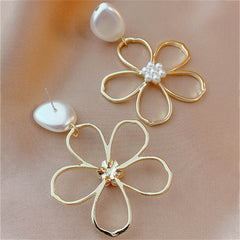 Pearl & 18K Gold-Plated Openwork Flower Drop Earrings