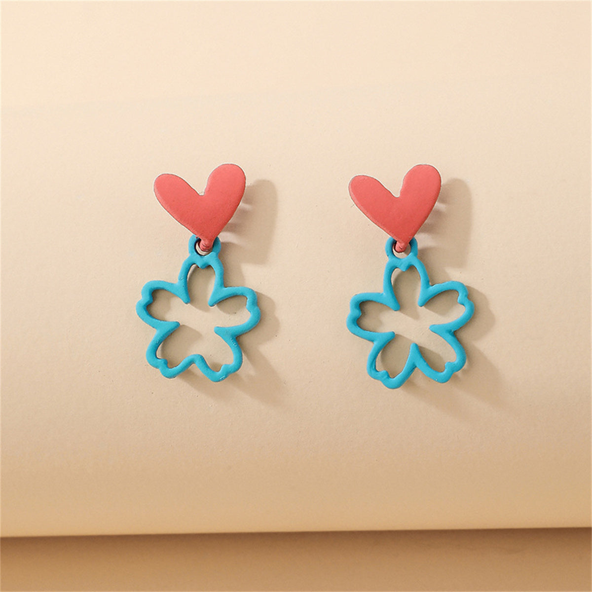 Blue and Pink Heart and Flower Drop Earrings, drop earrings for women, botanical inspired, detail close-up