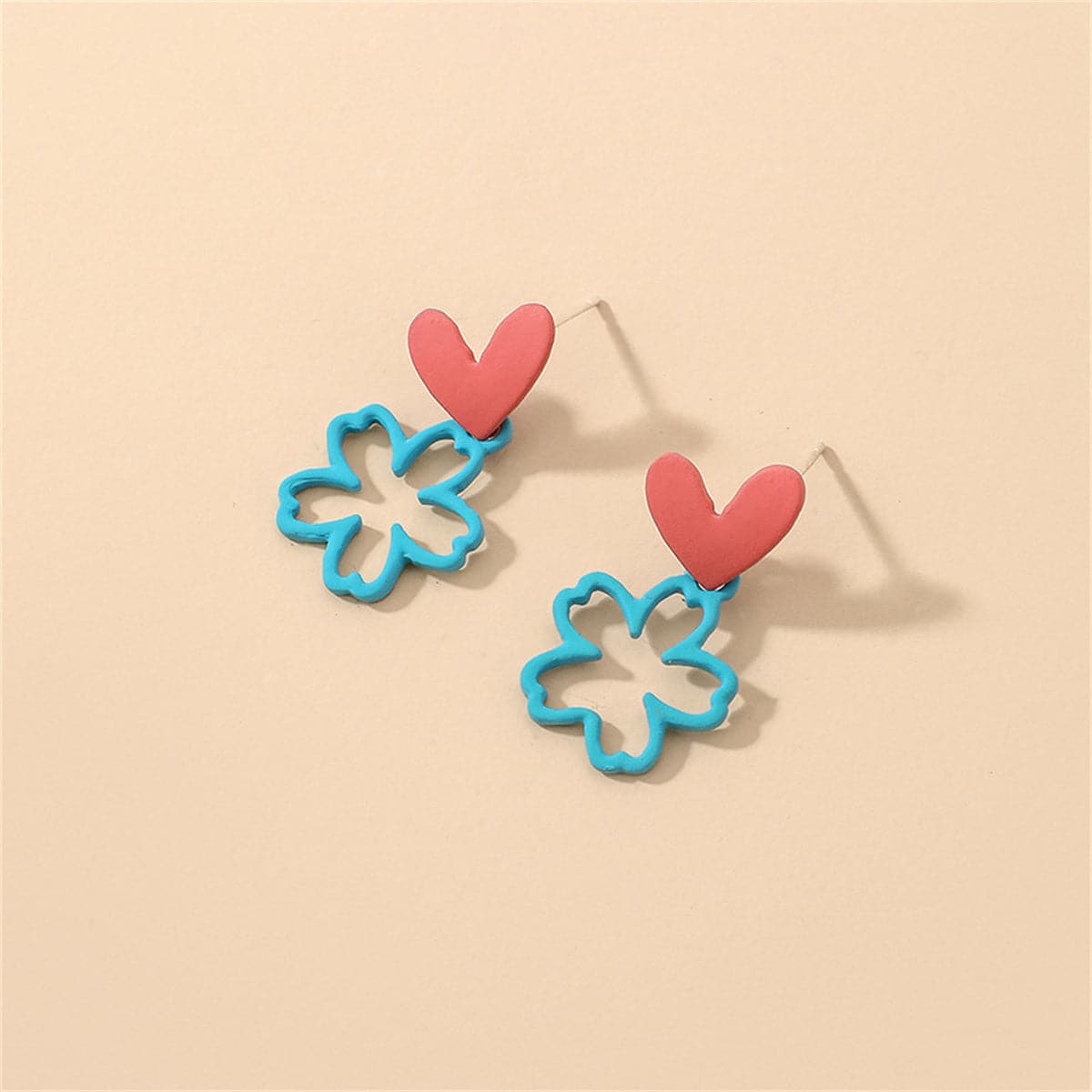 Blue and Pink Heart and Flower Drop Earrings, drop earrings for women, botanical inspired, side view
