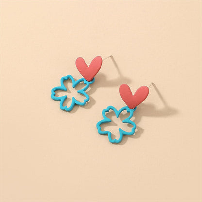Blue and Pink Heart and Flower Drop Earrings, drop earrings for women, botanical inspired, side view