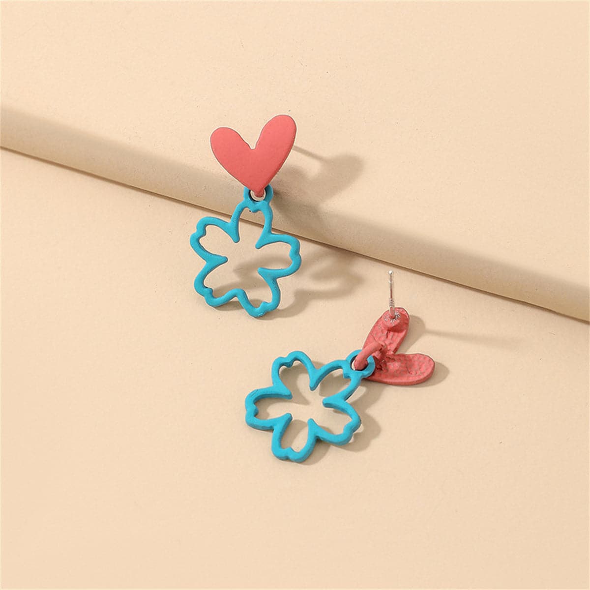 Blue and Pink Heart and Flower Drop Earrings, drop earrings for women, botanical inspired, front view