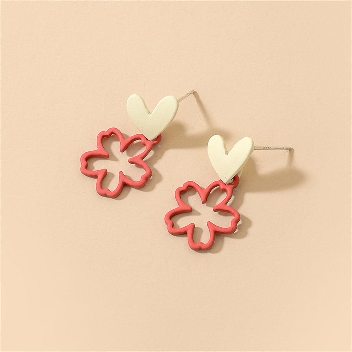 Red and Cream Heart and Flower Drop Earrings, drop earrings for women, dainty minimalist design, side view