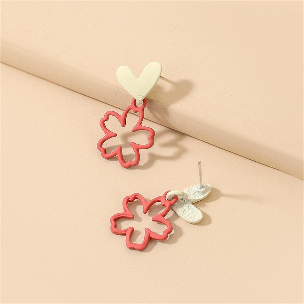 Red and Cream Heart and Flower Drop Earrings, drop earrings for women, dainty minimalist design, front view