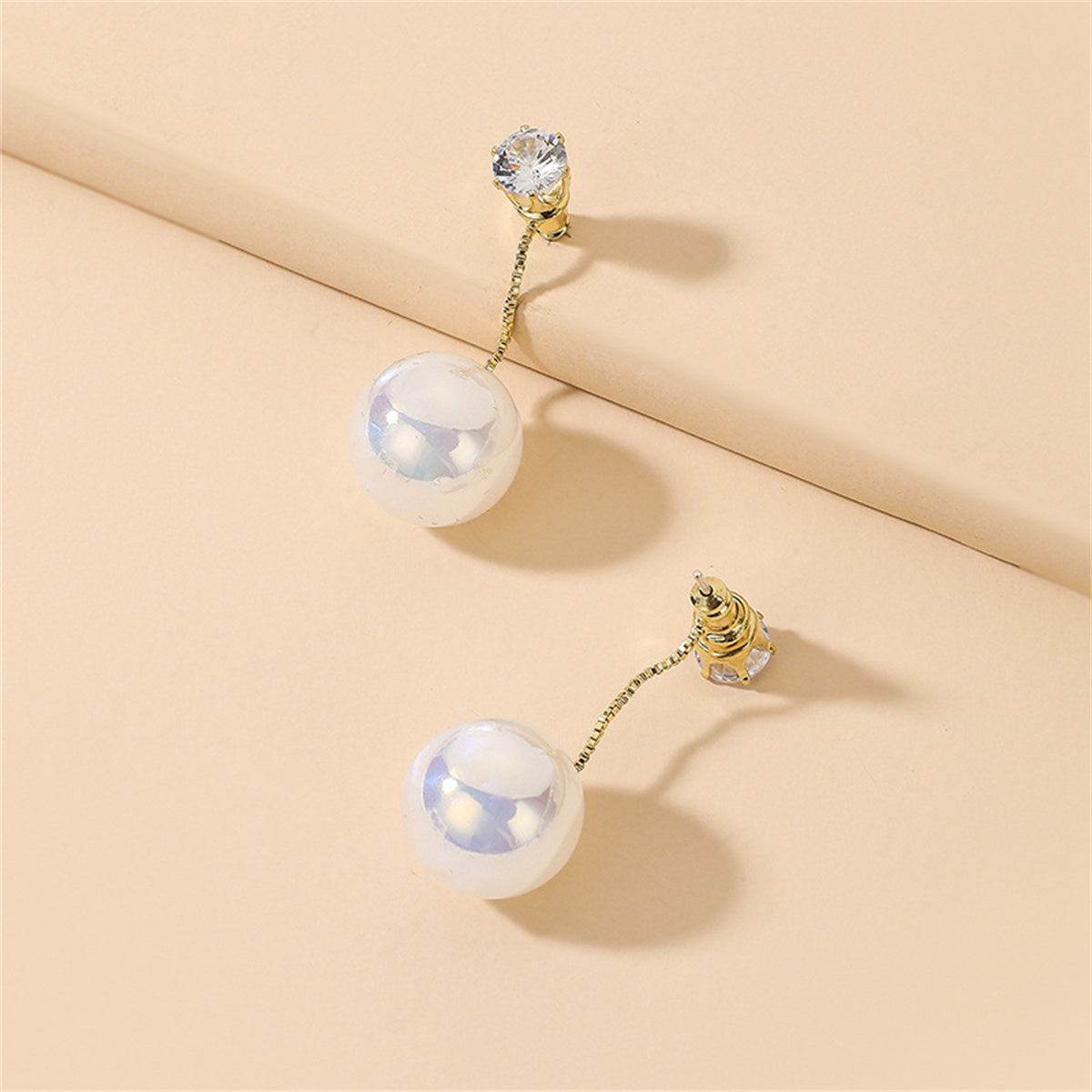 Cubic Zirconia and Pearl Ear Jackets, drop earrings for women, dainty minimalist design, detail close-up