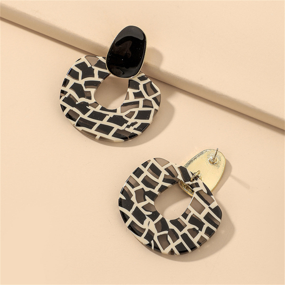 Black Enamel & Acrylic Zebra Oval Drop Earrings