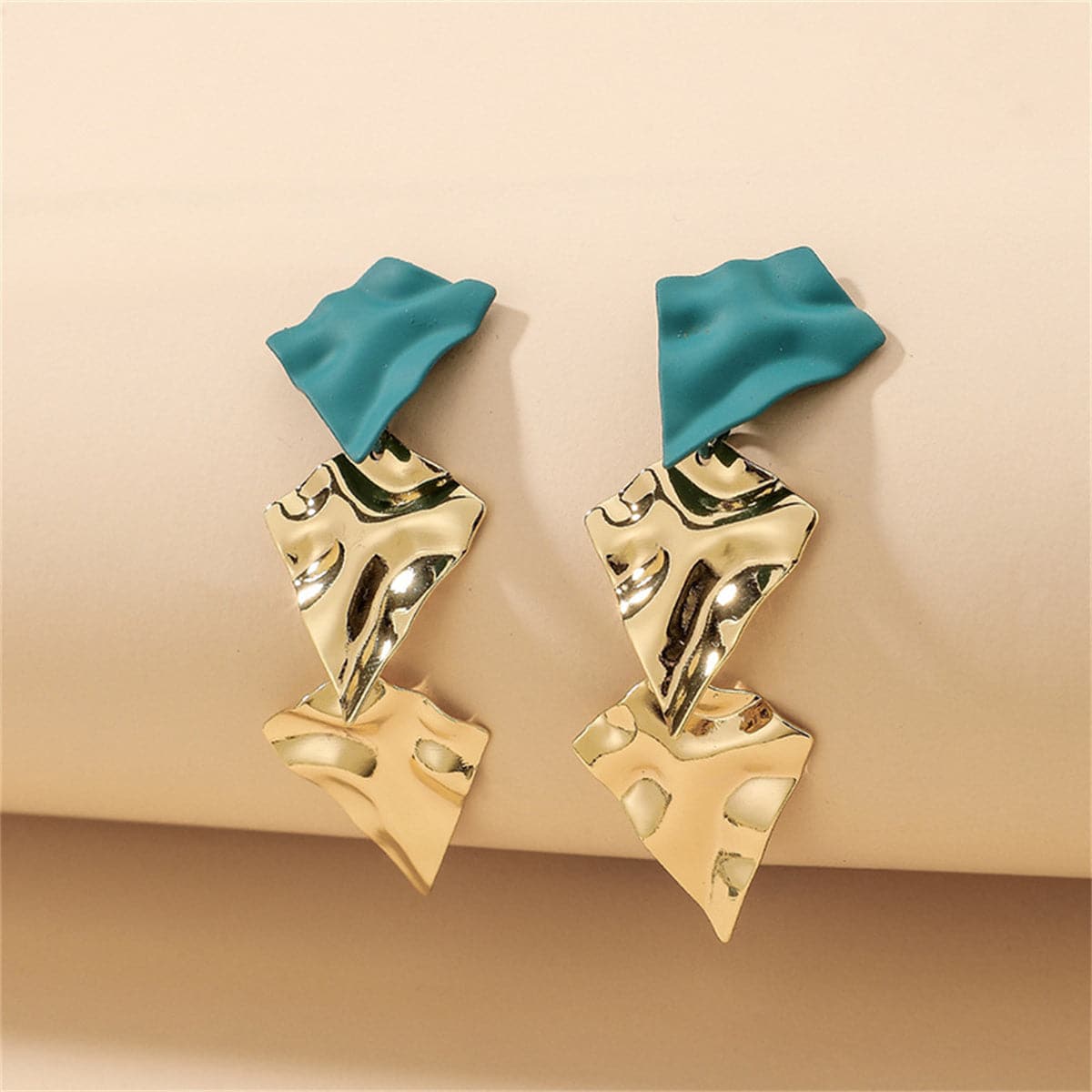 Blue Enamel and 18K Gold-Plated Textured Geometric Drop Earrings, gold drop earrings for women, front view