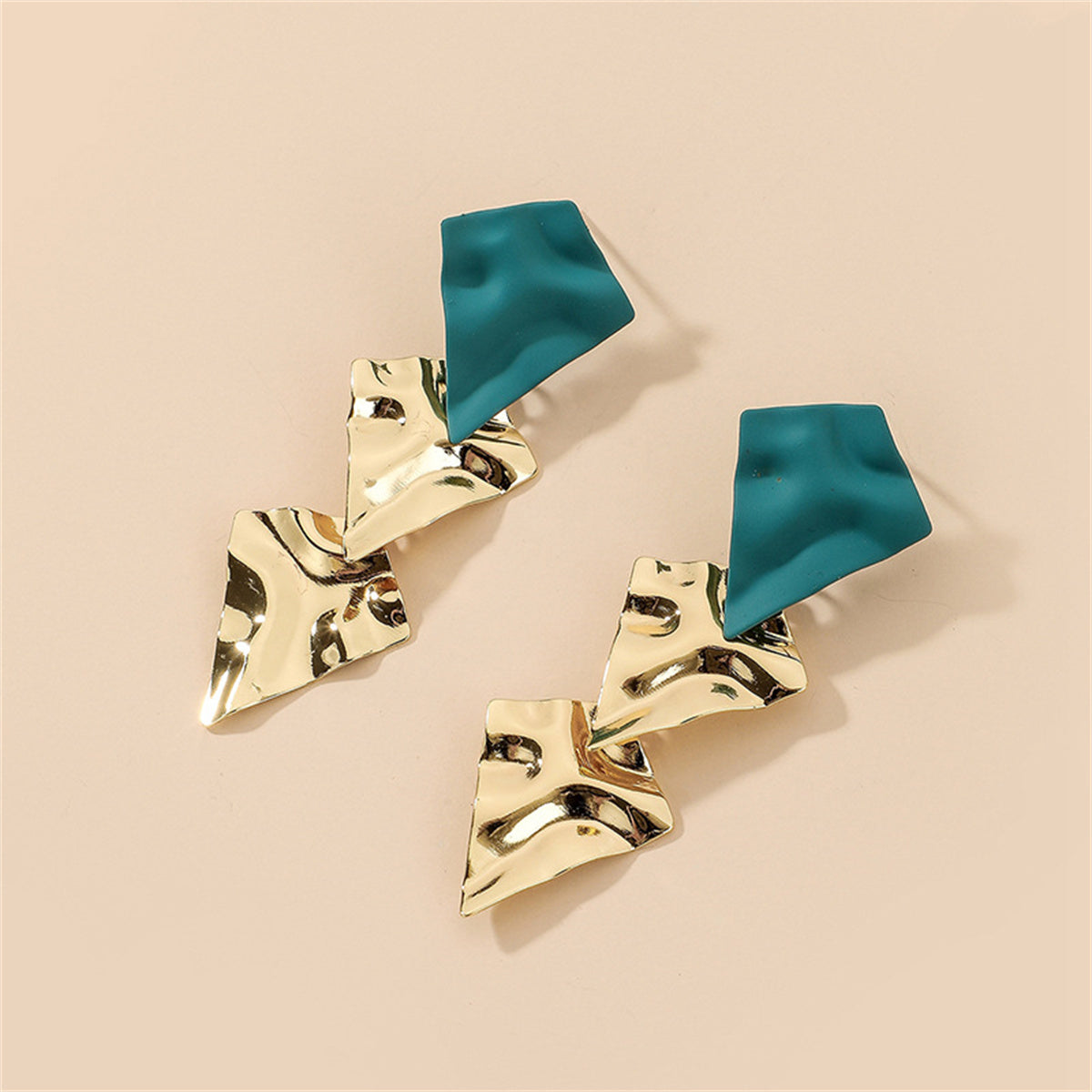 Blue Enamel and 18K Gold-Plated Textured Geometric Drop Earrings, gold drop earrings for women, botanical inspired, side view