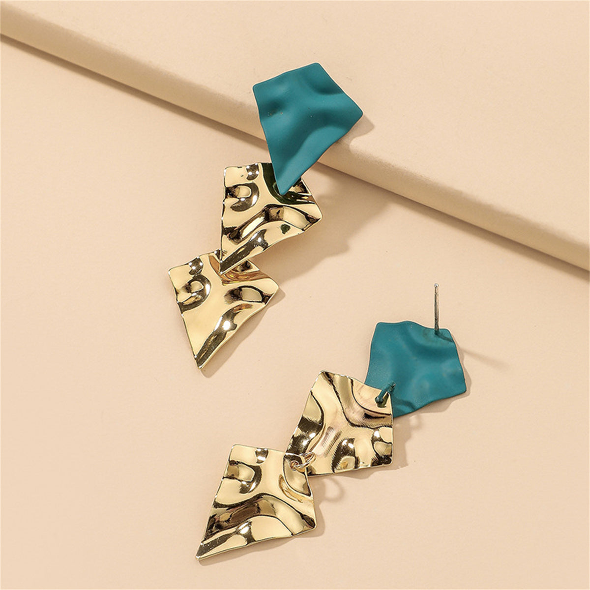 Blue Enamel and 18K Gold-Plated Textured Geometric Drop Earrings, gold drop earrings for women, detail close-up