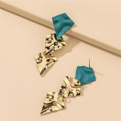 Blue Enamel and 18K Gold-Plated Textured Geometric Drop Earrings, gold drop earrings for women, detail close-up