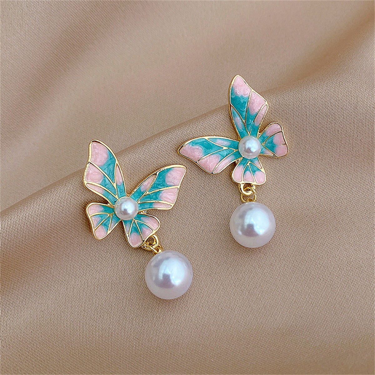 Blue Enamel and Pearl Butterfly Bead Drop Earrings, drop earrings for women, dainty minimalist design, side view