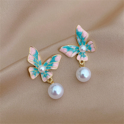 Blue Enamel and Pearl Butterfly Bead Drop Earrings, drop earrings for women, dainty minimalist design, side view