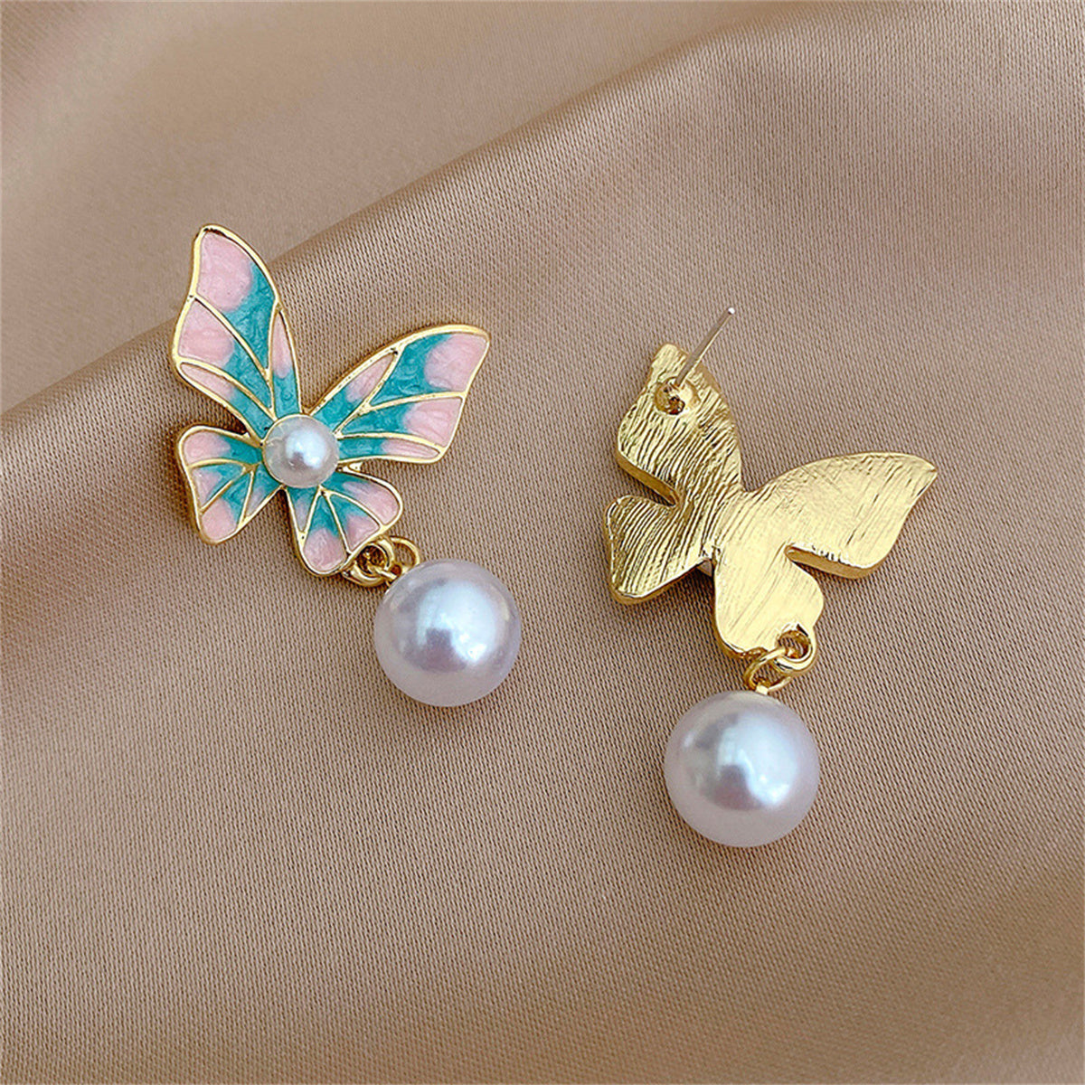 Blue Enamel and Pearl Butterfly Bead Drop Earrings, drop earrings for women, dainty minimalist design, detail close-up
