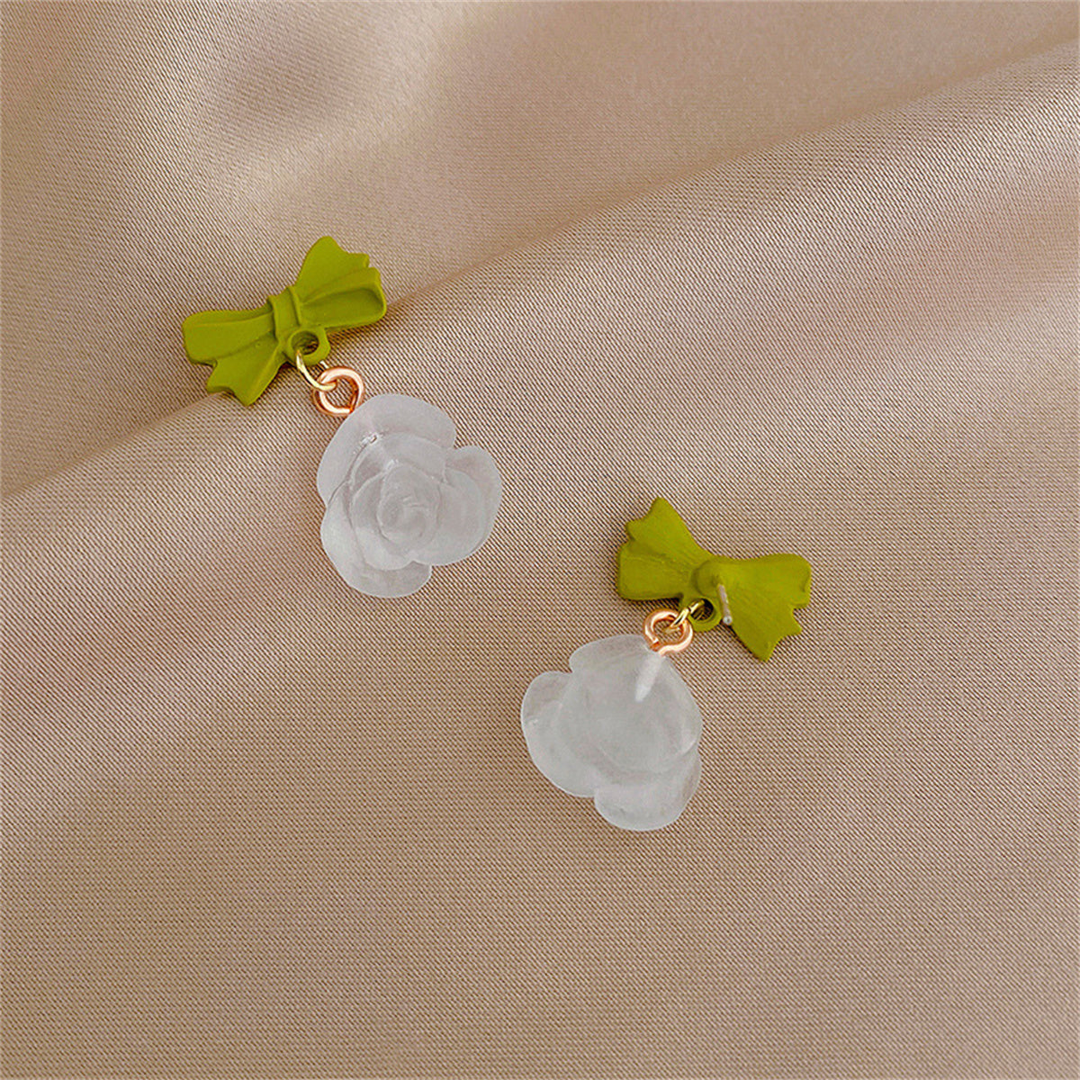 Green and Translucent Bow and Rose Drop Earrings, drop earrings for women, vintage-inspired design, side view