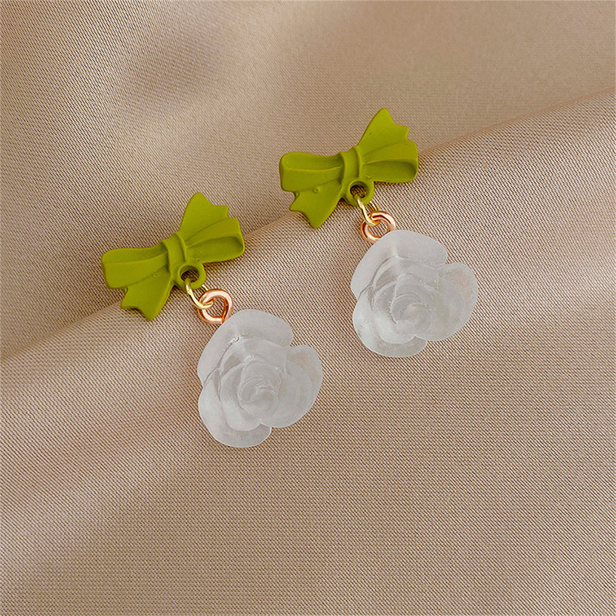 Green and Translucent Bow and Rose Drop Earrings, drop earrings for women, vintage-inspired design, detail close-up
