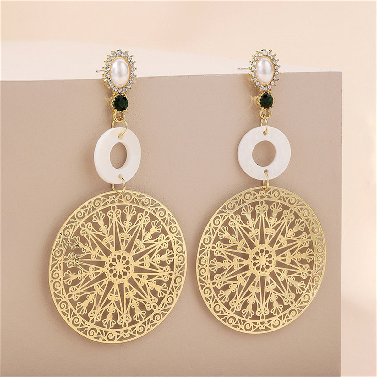 Pearl and Cubic Zirconia 18K Gold-Plated Filigree Circle Drop Earrings, gold drop earrings for women, side view
