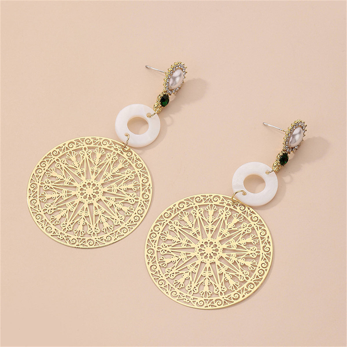 Pearl and Cubic Zirconia 18K Gold-Plated Filigree Circle Drop Earrings, gold drop earrings for women, detail close-up