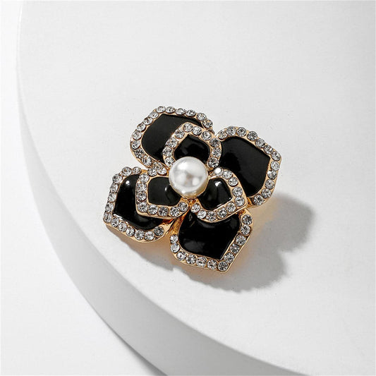 Black Enamel and Pearl 18K Gold-Plated Camellia Flower Brooch, gold brooch pin, botanical inspired, front view