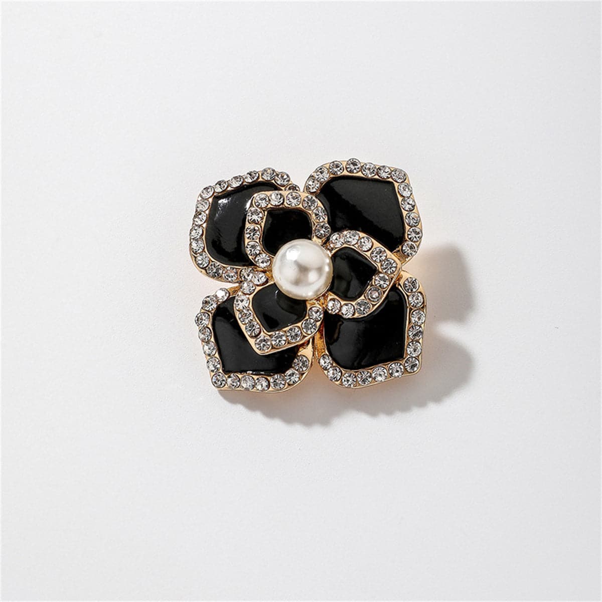 Black Enamel & Pearl 18K Gold-Plated Camellia Flower Brooch
