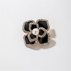 Black Enamel & Pearl 18K Gold-Plated Camellia Flower Brooch