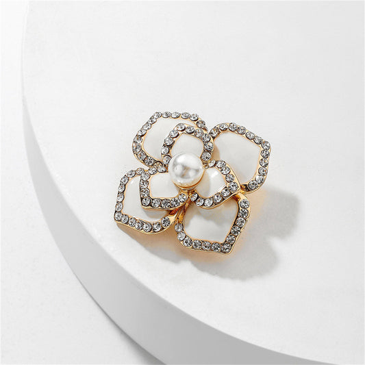 Cubic Zirconia and Pearl Enamel 18K Gold-Plated Camellia Brooch, gold brooch pin, vintage-inspired design, front view