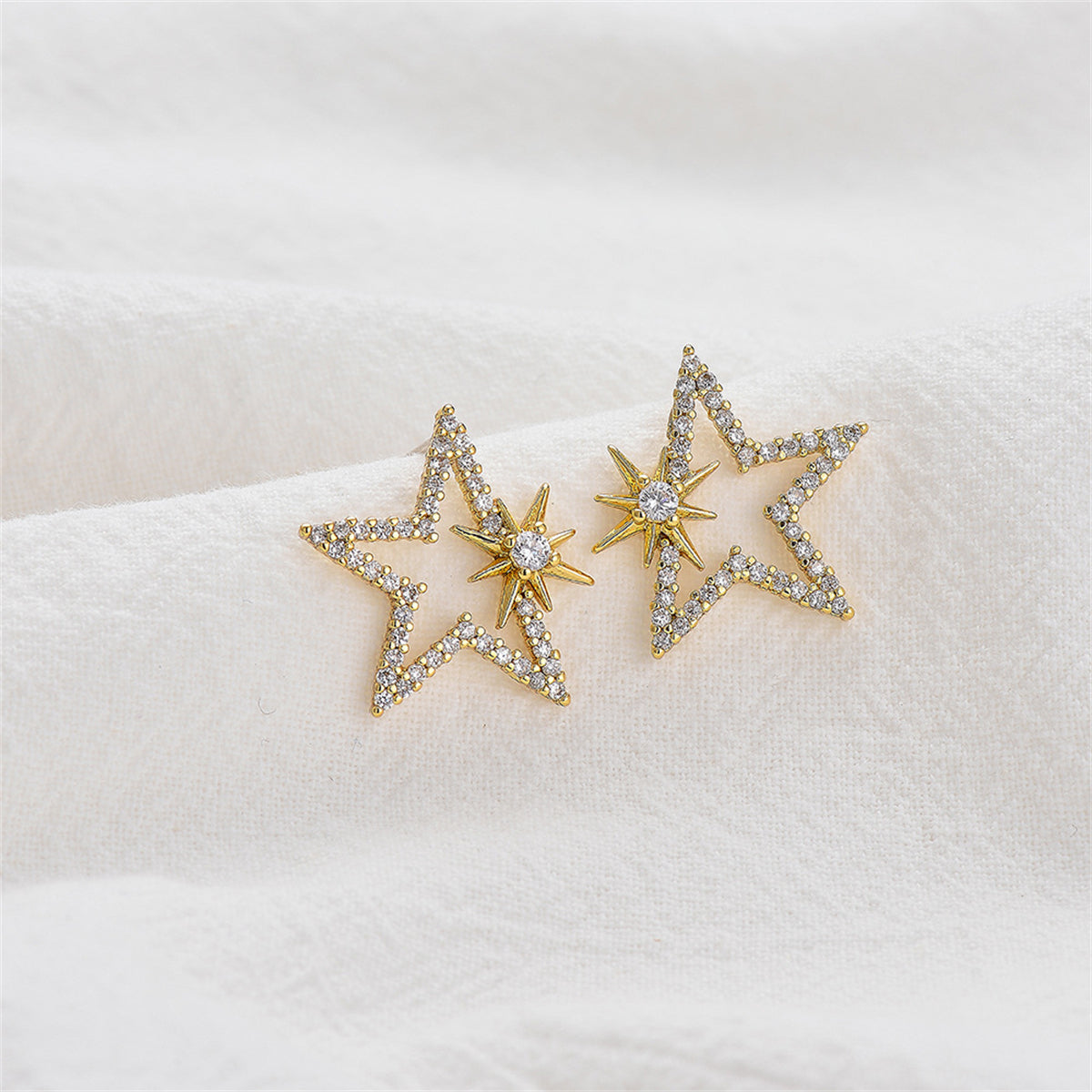 Cubic Zirconia & 18K Gold-Plated Open Star Sun Stud Earrings