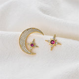 Red Cubic Zirconia & 18k Gold-Plated Moon Star Stud Earrings