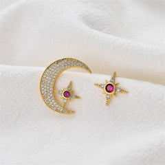 Red Cubic Zirconia & 18K Gold-Plated Moon Star Stud Earrings