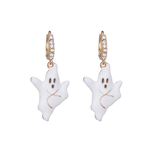 Cubic Zirconia and Enamel 18K Gold-Plated Ghost Huggie Earrings, gold huggie earrings, everyday style, front view