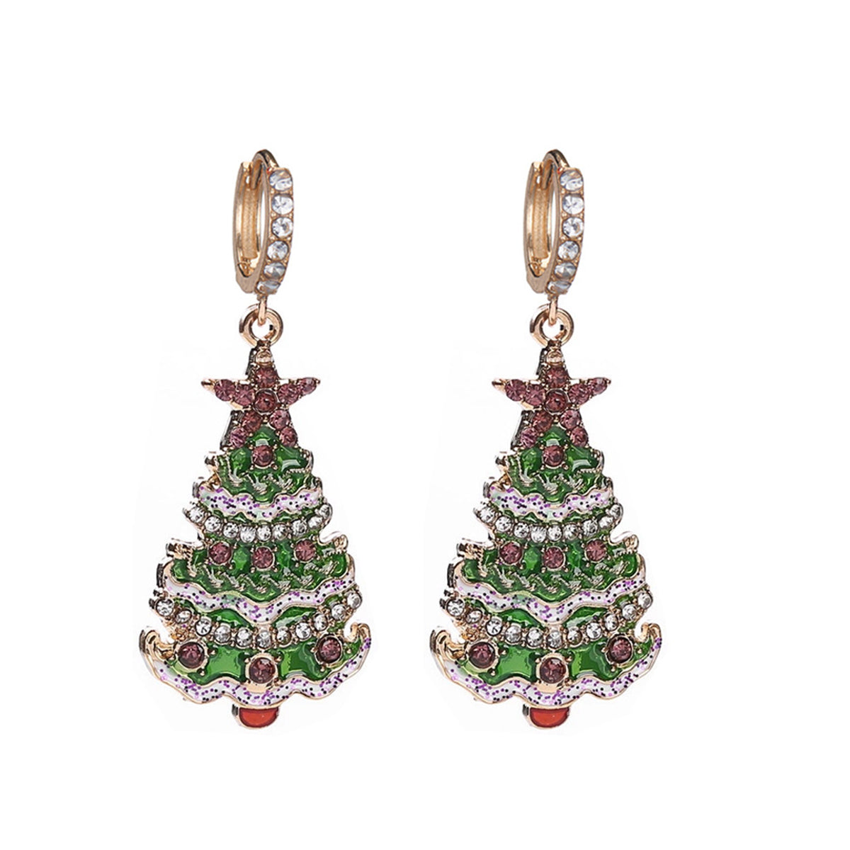 Cubic Zirconia and 18K Gold-Plated Christmas Tree Huggie Earrings, gold huggie earrings, dainty minimalist design, front view