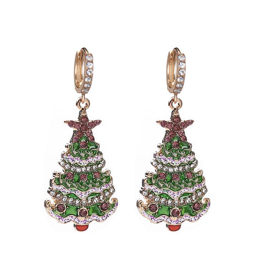 Cubic Zirconia and 18K Gold-Plated Christmas Tree Huggie Earrings, gold huggie earrings, dainty minimalist design, front view