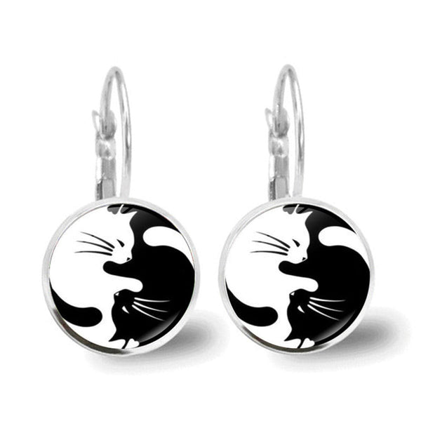 Black & Silver-Plated Yin Yang Cat Drop Earrings