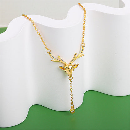 Cubic Zirconia and 18K Gold-Plated Reindeer Pendant Necklace, gold pendant necklace for women, everyday style, front view