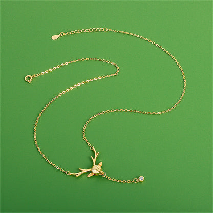Cubic Zirconia and 18K Gold-Plated Reindeer Pendant Necklace, gold pendant necklace for women, detail close-up
