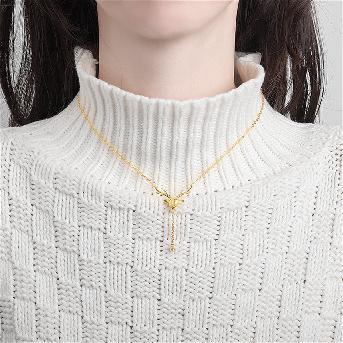 Cubic Zirconia and 18K Gold-Plated Reindeer Pendant Necklace, gold pendant necklace for women, everyday style, side view