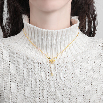 Cubic Zirconia and 18K Gold-Plated Reindeer Pendant Necklace, gold pendant necklace for women, everyday style, side view