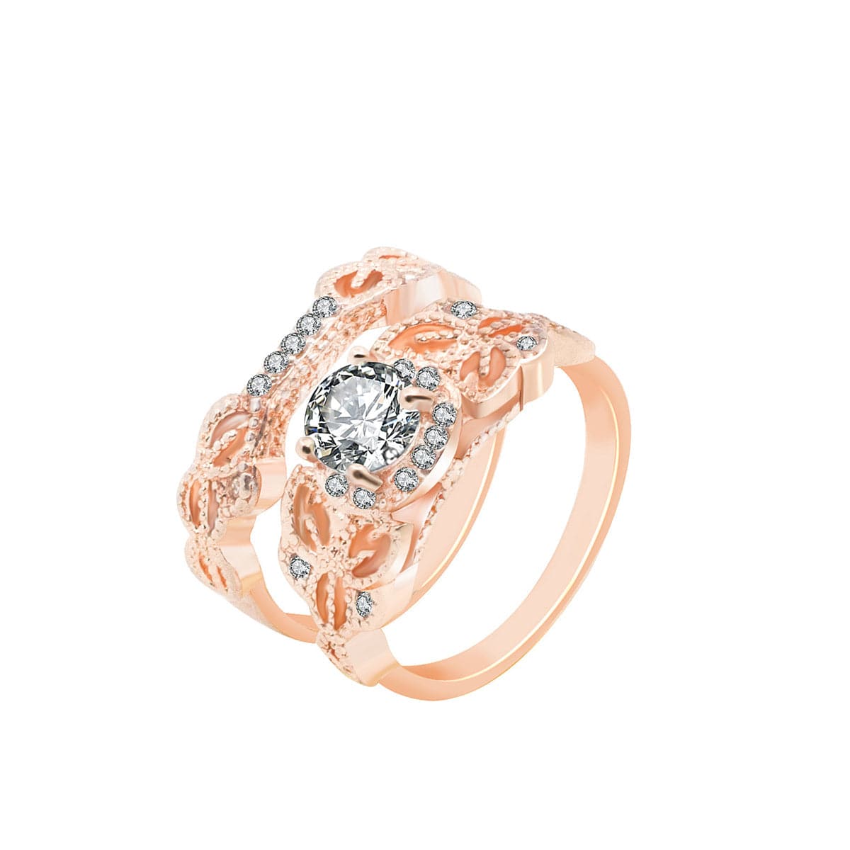 cubic zirconia & 18k Rose Gold-Plated Floral Ring Set - streetregion